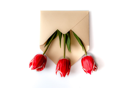 a bouquet of three red tulips lies in an envelopeの写真素材