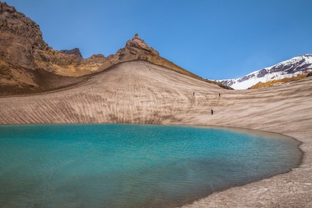 The turquoise lake in a crater. Kamchatka, Russia, Mutnovsky Volcano