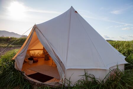 Glamping on the Pacific coast in an ecologically clean place in Russia. Kamchatka. Selective focus