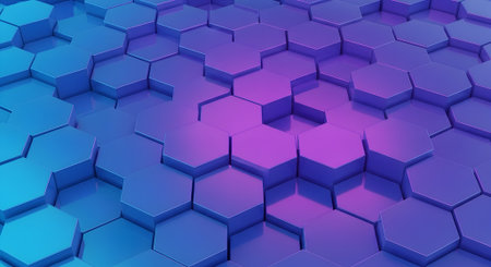 3d rendering of abstract hexagon background in blue and purple colorsの素材
