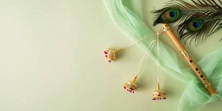 Flute with feathers on a green background. Flat lay, top view.の素材