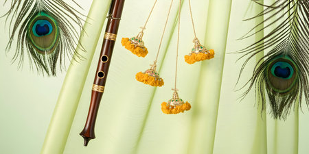 Close up of a flute with peacock feathers on green backgroundの素材