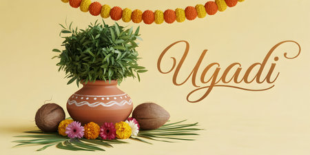 Happy Vasant Panchami greeting card with flowers and coconut.の素材