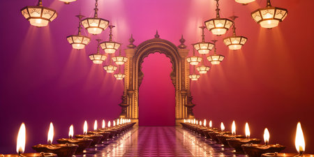 Lanterns and candles in the temple,3d renderingの素材