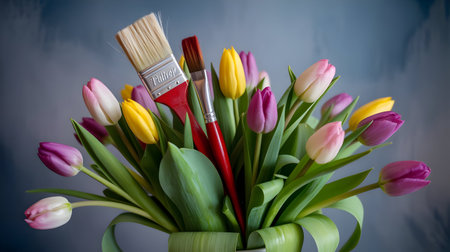 Bouquet of tulips and paintbrushes on a gray backgroundの素材