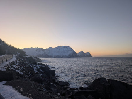 Snowy Coastal Road in Detailの写真素材
