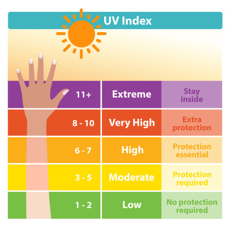 The ultraviolet index chart with tanned skin vector. UV index scale that represents the intensity of UV radiation produced by the sun and get tanned and burned.のイラスト素材