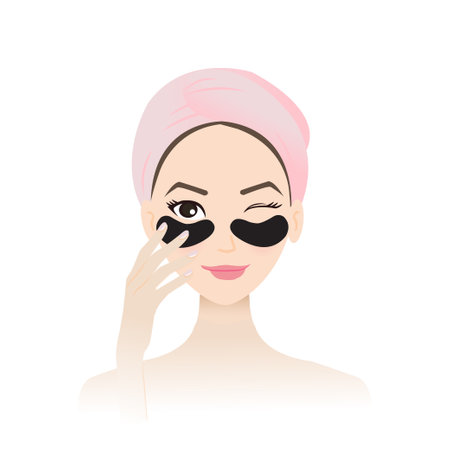 Cute woman treat under eye bags with eye mask patches on face vector isolated on white background. Eye serum mask reduce puffiness, dryness, texture and fine lines.のイラスト素材
