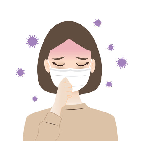 The sick woman wearing medical mask to protect disease in the air vector isolated on white background. Face mask protective virus, flu, bacteria, mycoplasma and air pollution.のイラスト素材