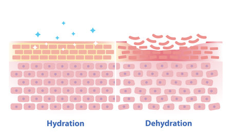Comparison of hydration and dehydration skin vector illustration. Cross section of skin barrier layer hydration, attract, absorb water, moisture and the skin lacks water in the uppermost layer.のイラスト素材
