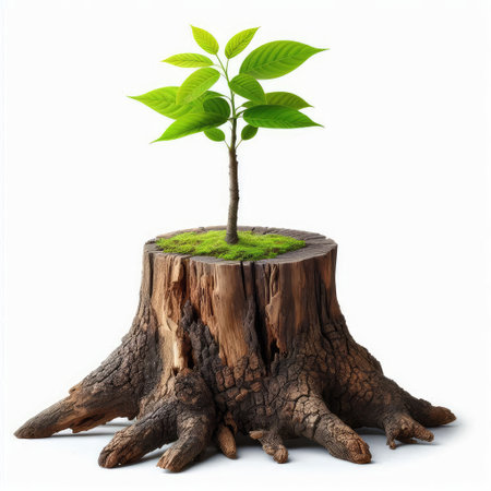 Tree growing from stump isolated on white background. 3D illustration.の素材