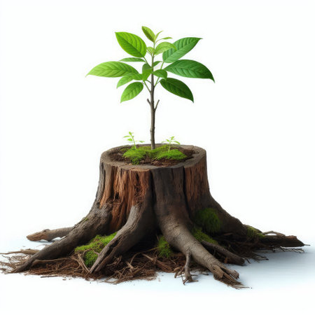 Tree growing from old stump isolated on white background. 3d illustrationの素材