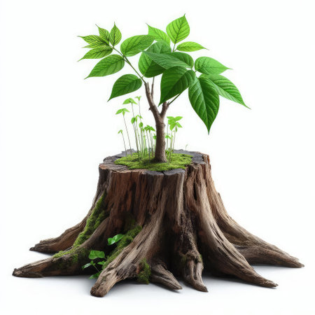 Plant growing from old stump isolated on white background. 3d illustrationの素材