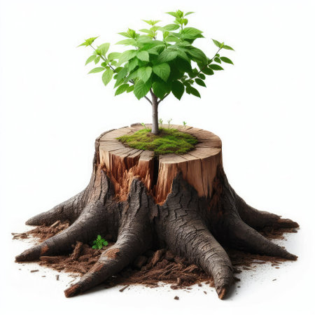 Tree growing from a stump. Isolated on a white background.の素材