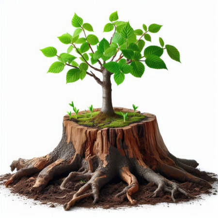 Tree growing from a stump isolated on white background. 3d illustrationの素材