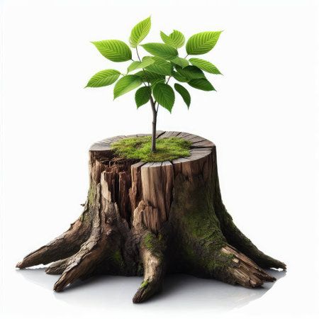 Tree on stump with green leaves isolated on white background. 3d illustrationの素材