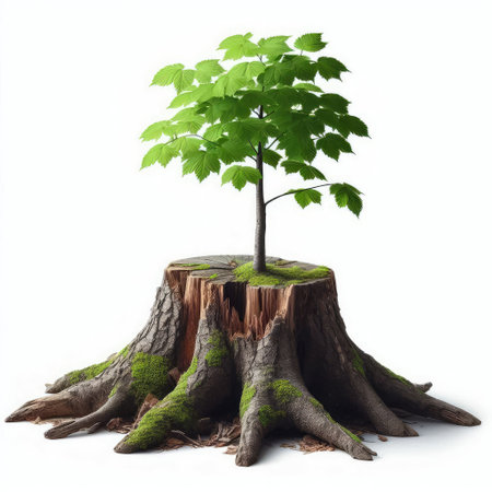 Tree growing from old stump isolated on white background, clipping path includedの素材