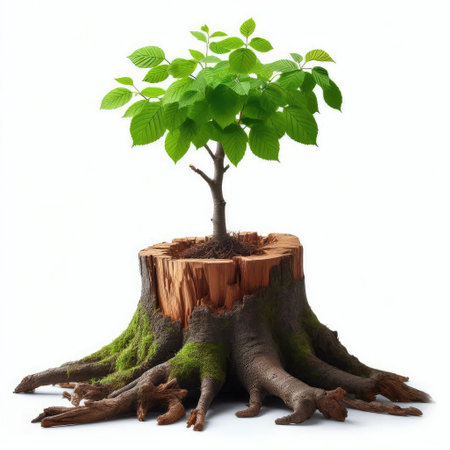 tree growing from old stump isolated on white background, clipping path includedの素材
