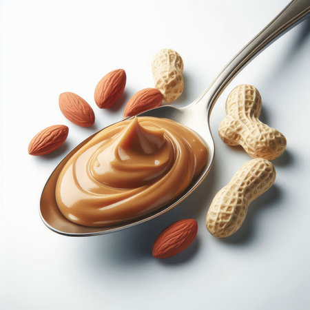 Spoon with peanut butter and nuts on white background, closeupの素材