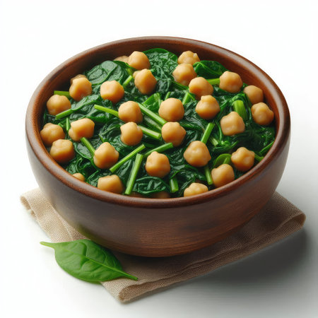 Chickpeas with spinach in a bowl on a white backgroundの素材