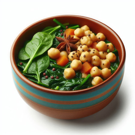 Spinach and chickpeas salad in a bowl on white backgroundの素材