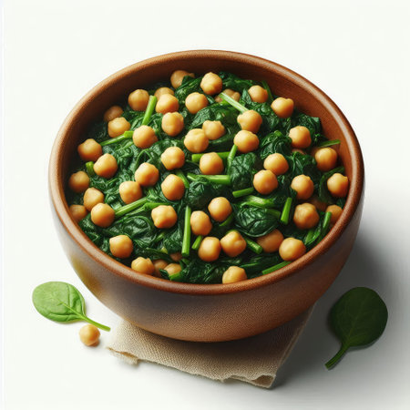 Chickpeas with spinach in a bowl on a white backgroundの素材