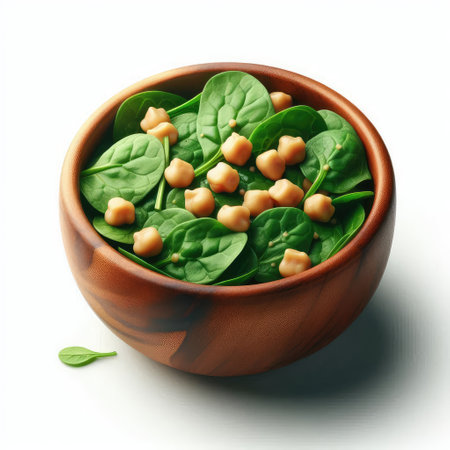 Fresh spinach salad with chickpeas in wooden bowl on white backgroundの素材