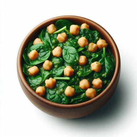 Spinach salad with chickpeas in bowl isolated on white backgroundの素材