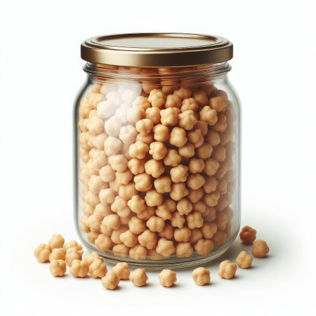 Glass jar full of chickpeas isolated on a white background.の素材