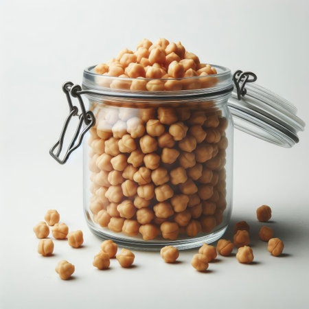 chickpeas in a glass jar on a white background.の素材