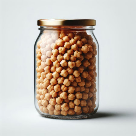 chickpeas in a glass jar on a white background.の素材