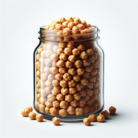 Chickpeas in a glass jar on a white background.の素材