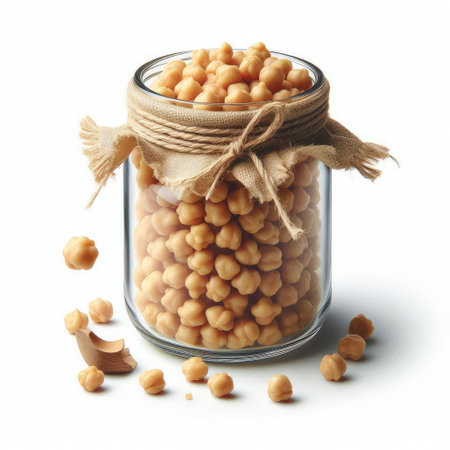 Glass jar full of chickpeas isolated on white background with clipping pathの素材