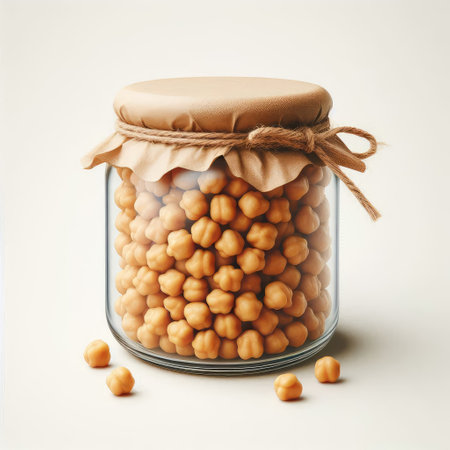 Glass jar full of chickpeas isolated on white background. 3d illustration.の素材