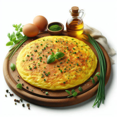Omelette with herbs and spices on cutting board, isolated on whiteの素材