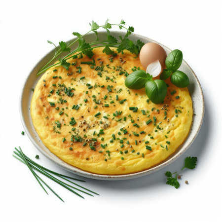 Omelet with herbs in a plate on a white background.の素材