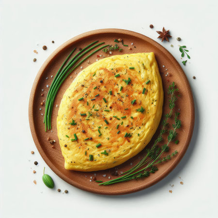 Omelet with herbs and spices on a plate, top viewの素材