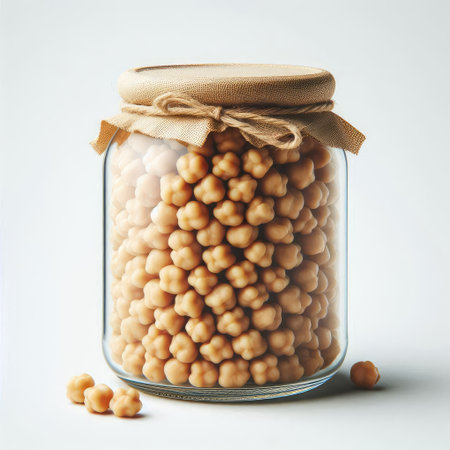 Chickpeas in a glass jar on a white background.の素材
