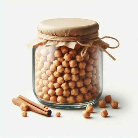 Glass jar full of chickpeas and cinnamon sticks on white backgroundの素材
