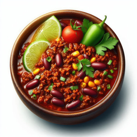Chili con carne in bowl isolated on white background. Top view.の素材