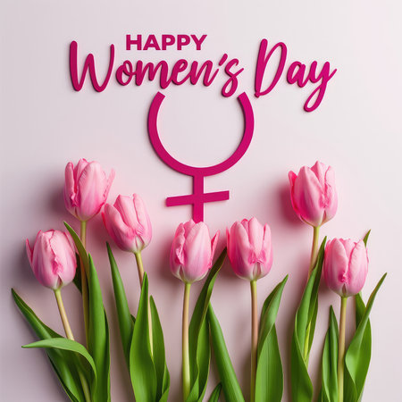 Pink tulip flowers with pink female gender symbol and the words Happy Women's Day