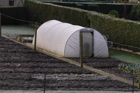 A typical small Belgian kitchen garden with a small plastic greenhouse in it during winter. No vegetables are growing yet, but the garden is nicely maintained and has a small path in the middle.の写真素材