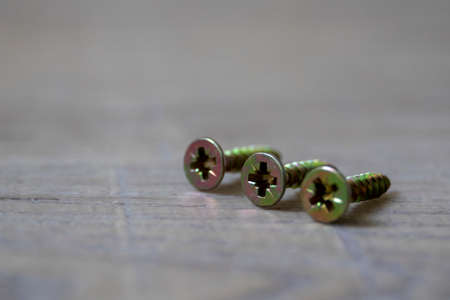 A portrait of three screws lying on a wooden surface. The fastener head is visible of all the screws and the tip is pointing away. It are wood pins.の写真素材