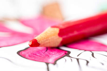 A close up macro portrait of a red pencil lying on a coloring book for adults. The page is already a...
