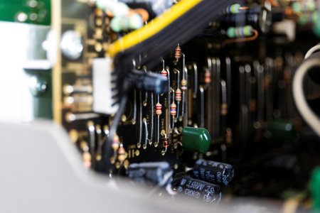 A portrait focused on a bunch of resistors on a black electronics print or circuit board in an open...