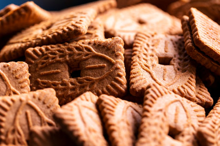 A portrait of a pile of brown cookies called speculoos or speculaas in Belgium or the Netherlands. The spiced biscuit is very delicious and popular during the winter period to be eaten at any time.の写真素材