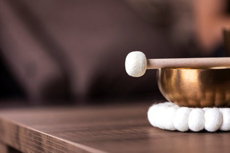 A close up portrait of half of a tibetan singing bowl with a mallet on it and negative space to the left. The himalayan bowl is used for stress relief, relaxation and meditation.の写真素材