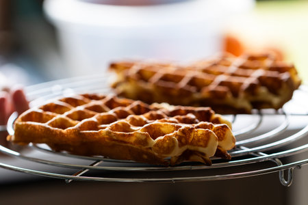 A portrait of some tasty and delicious Belgian waffles lying on a round cooling rack, ready to be eaten with some kind of topping like powder sugar or whipped cream.の写真素材