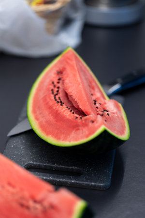 Vertical portrait of a quarter piece of a green cut watermelon lying on a plastic cutting board next to a knife. The slice of the fruit is ready to be eaten and you can see black seeds in the red pulpの写真素材