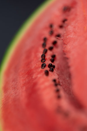A vertical closeup portrait of the black seeds sitting in the pink red pulp of a cut slice of green watermelon. The piece of fruit is ready to be eaten and is very nutritious.の写真素材